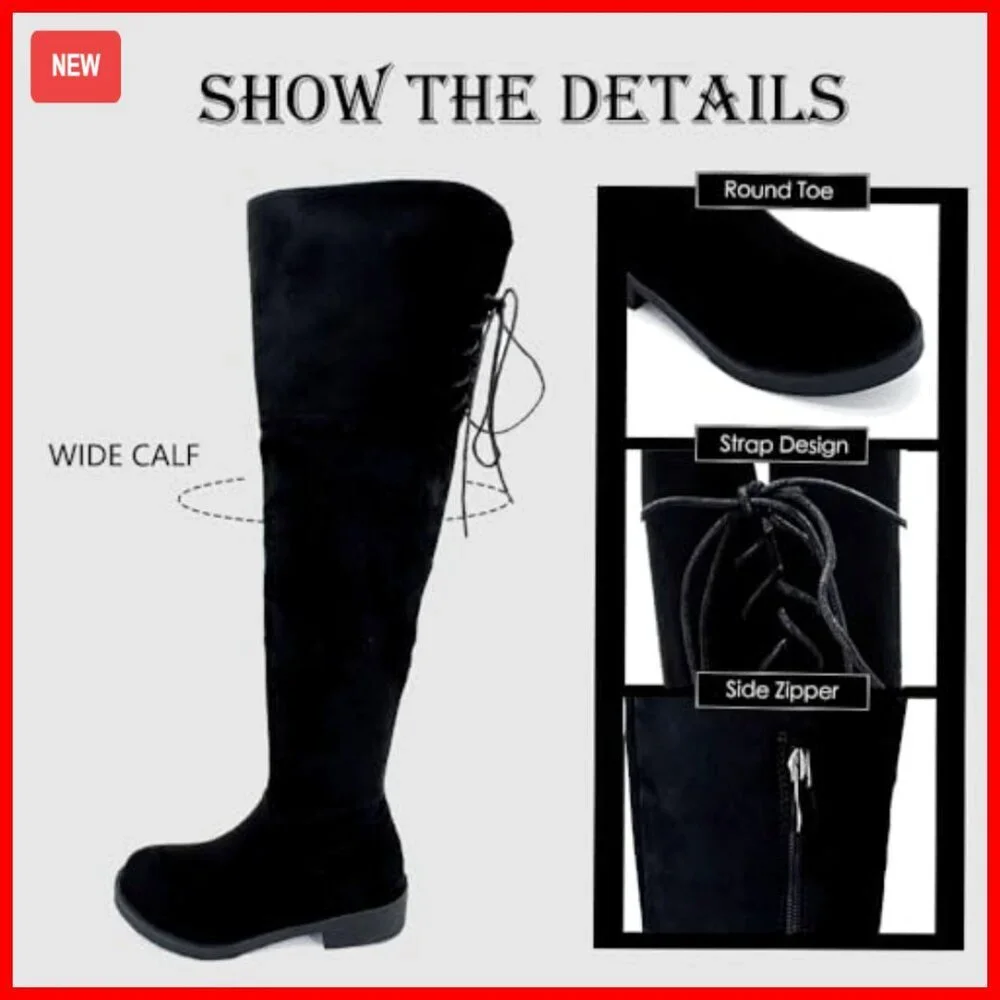Women's Over the Knee Boots Wide Calf Lace Up Chunky Heel Suede Leather